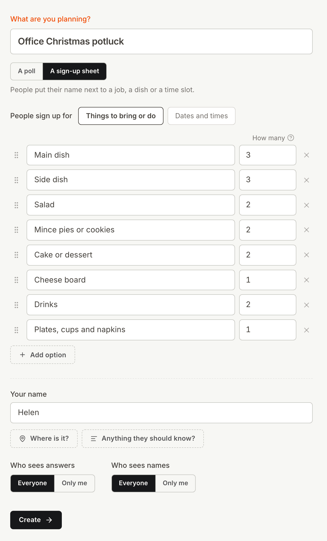 The Kitokoto form for a Christmas potluck sign up sheet, with how many of each dish