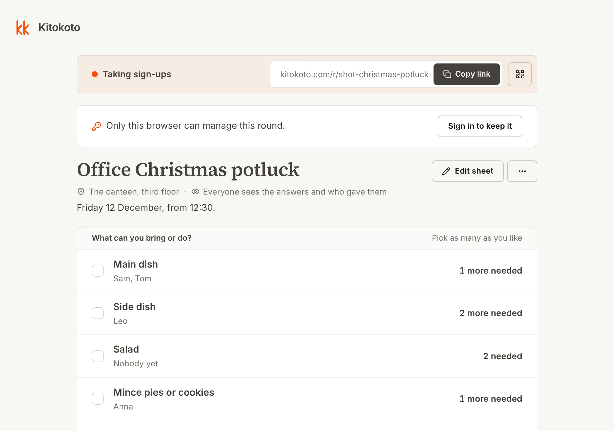 The organiser's view of a Christmas potluck sign up sheet, with who is bringing each dish