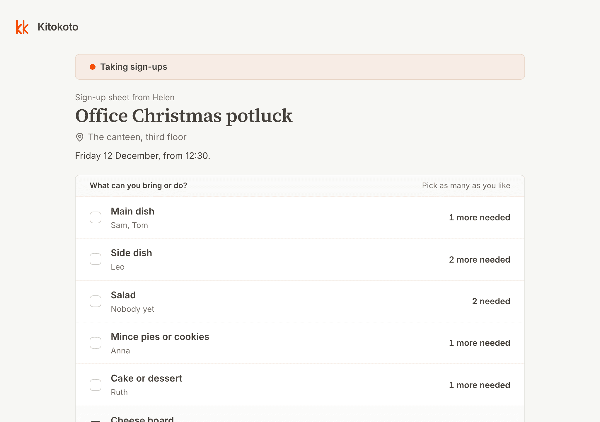 A Christmas potluck sign up sheet on a computer, with the dishes already taken