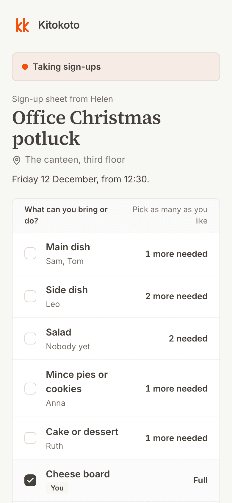 The same Christmas potluck sign up sheet on a phone
