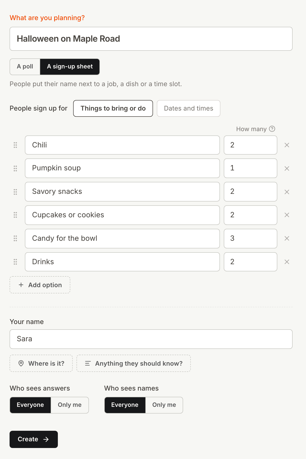 The Kitokoto form for a Halloween potluck sign up sheet, with how many of each thing