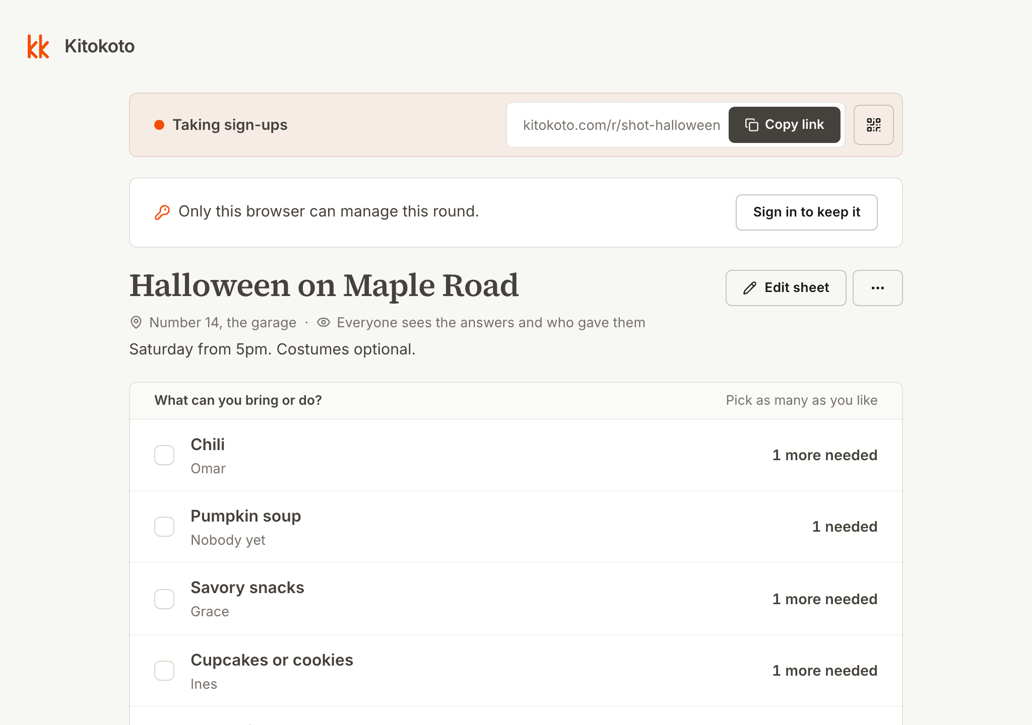 The organiser's view of a Halloween potluck sign up sheet, with who is bringing what
