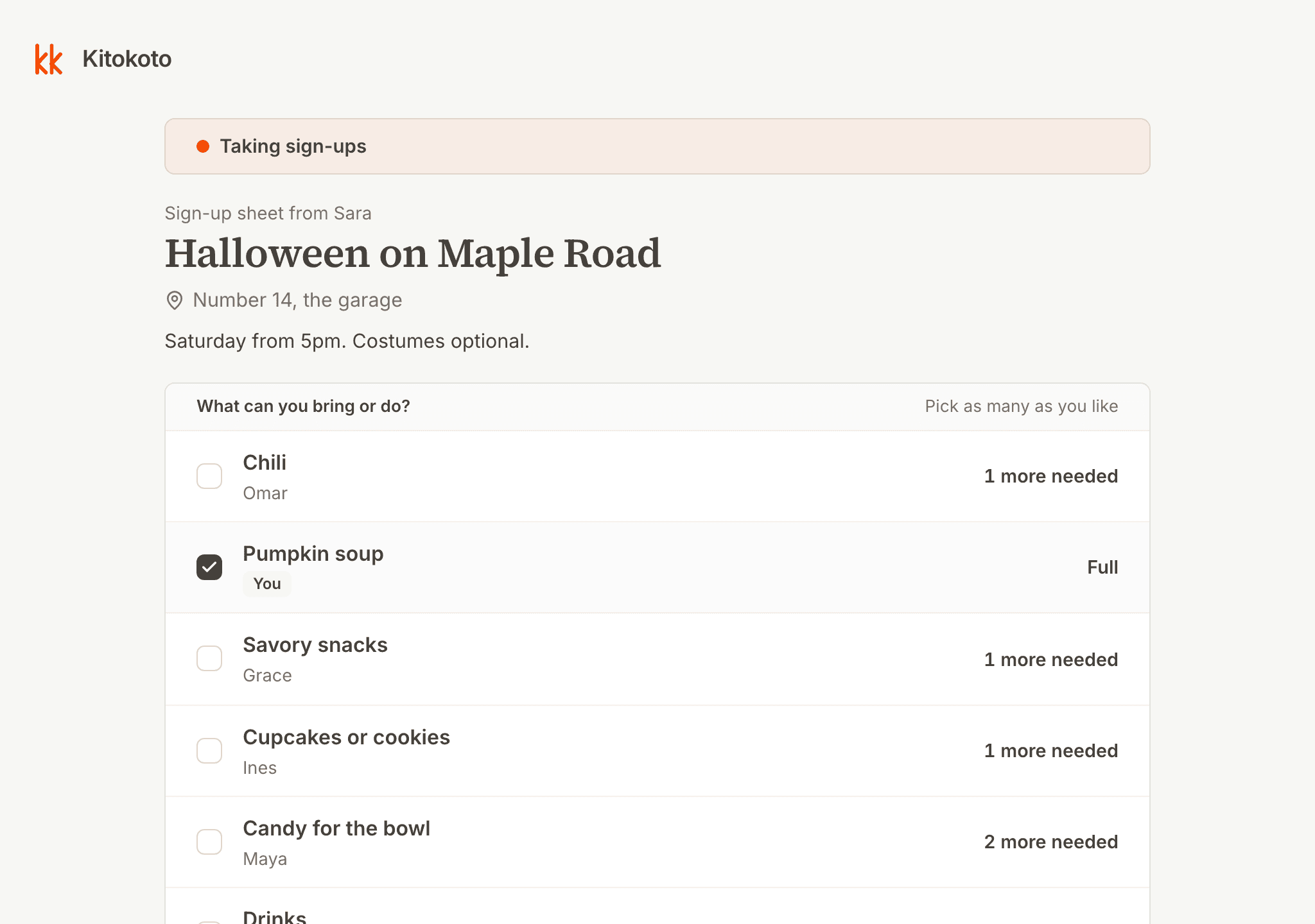 A Halloween potluck sign up sheet on a computer, with the things already taken