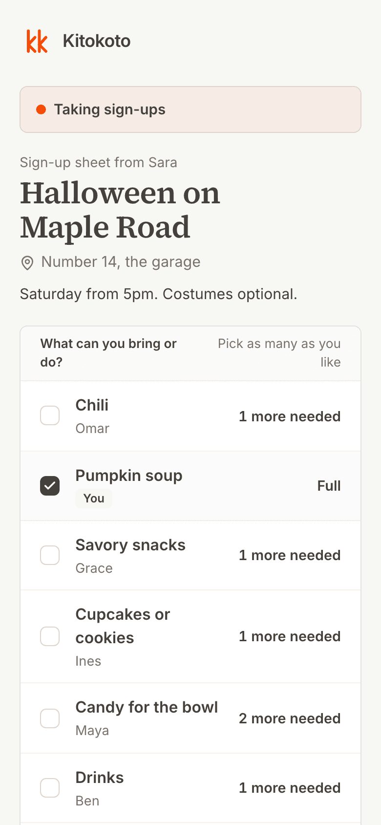 The same Halloween potluck sign up sheet on a phone