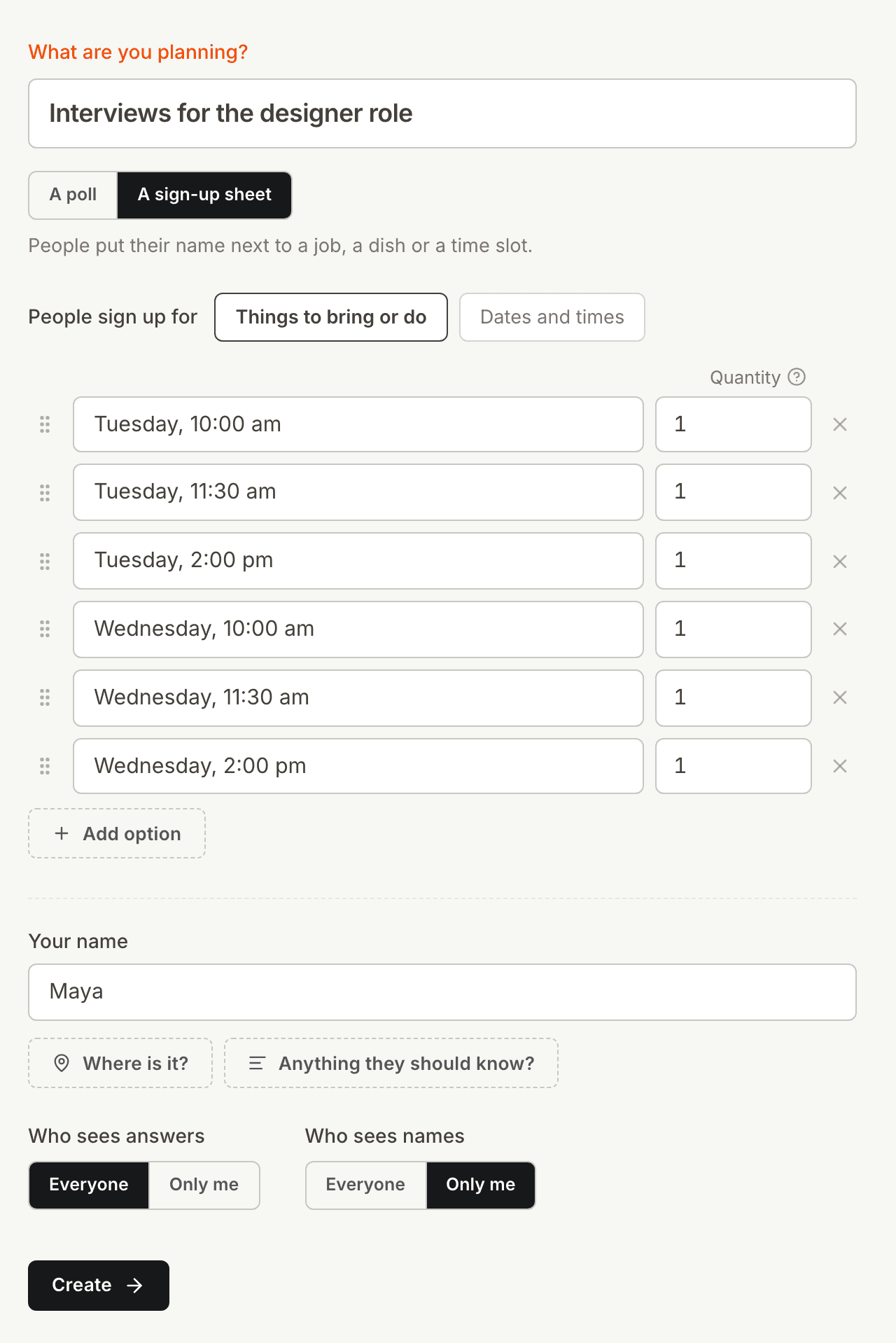 The Kitokoto form for an interview sign up sheet, with one-hour slots and names shown only to the organiser