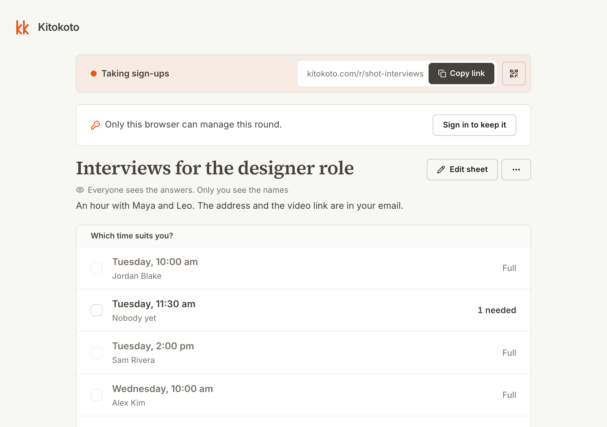 The organiser's view of the interview sign up sheet, with each candidate's name next to the slot