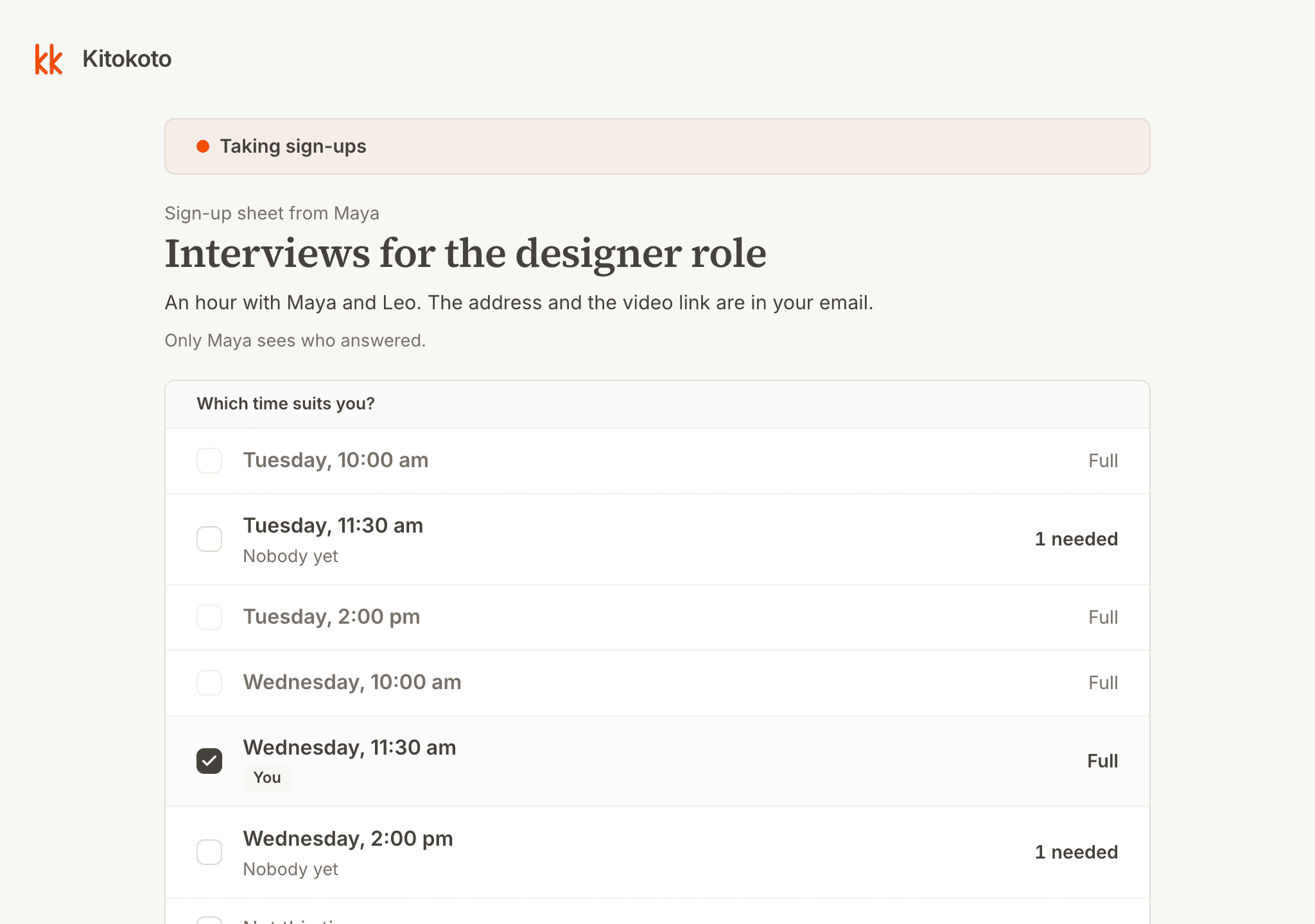 An interview sign up sheet on a computer, with the taken slots and no names