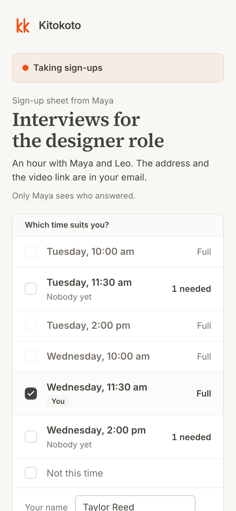 The same interview sign up sheet on a phone