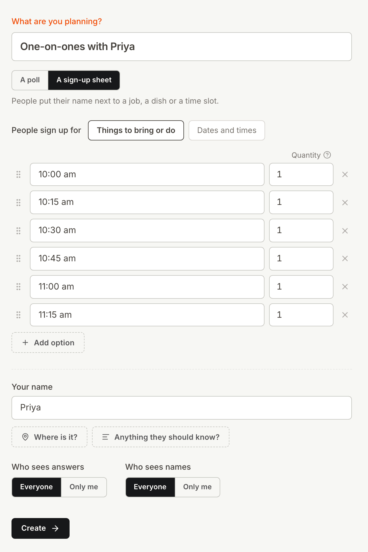 The Kitokoto form for a sign up sheet with fifteen-minute time slots, one person each