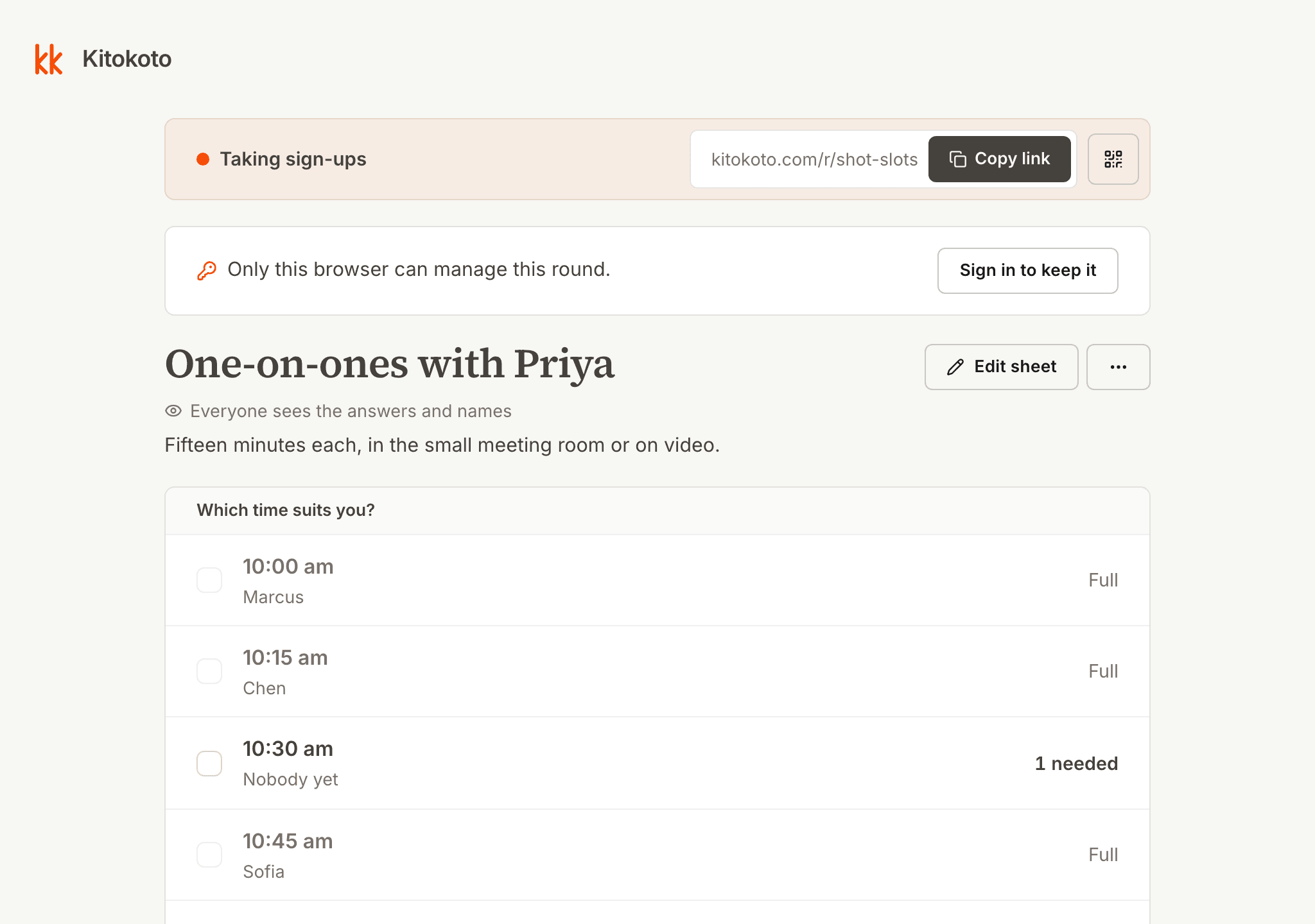 The organiser's view of a time slot sign up sheet, with a name next to each taken slot