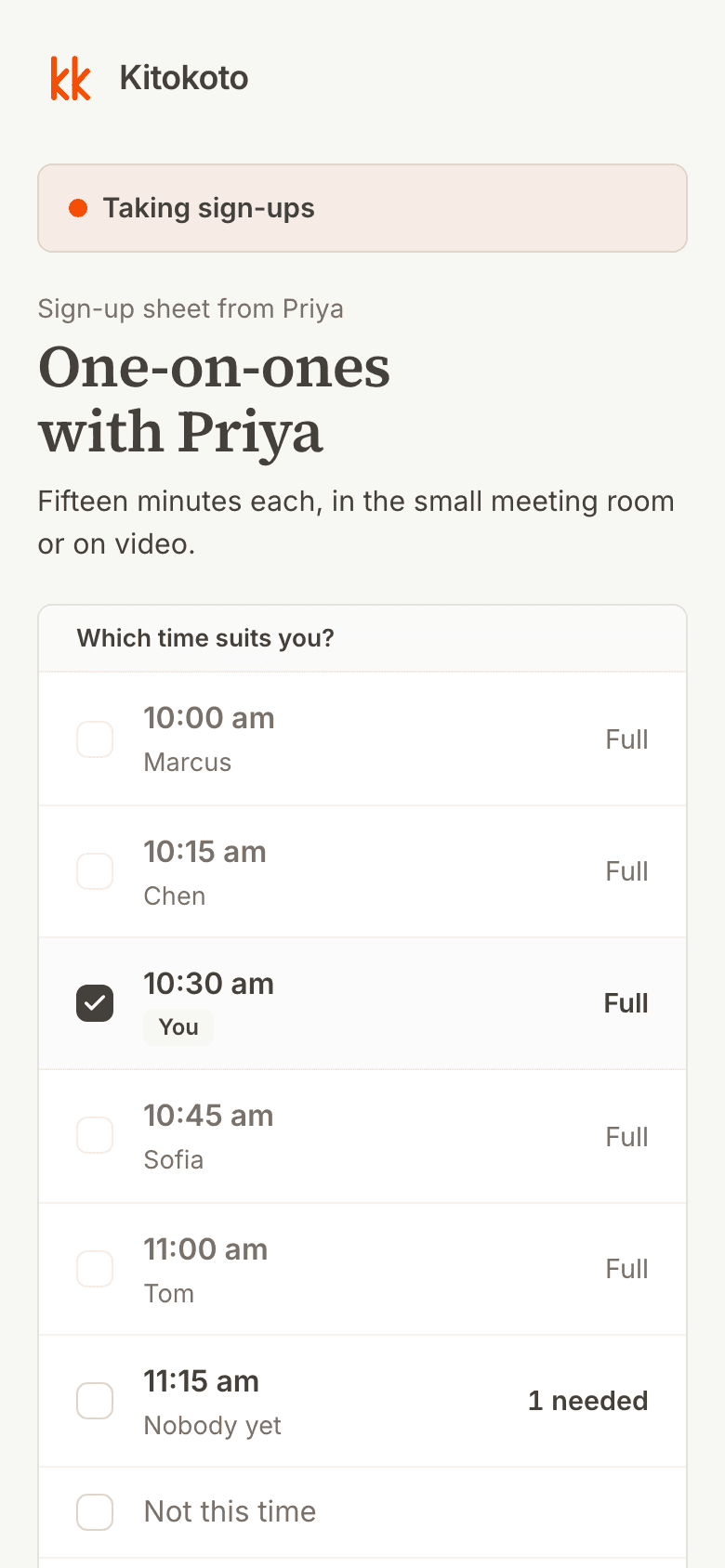 The same time slot sign up sheet on a phone