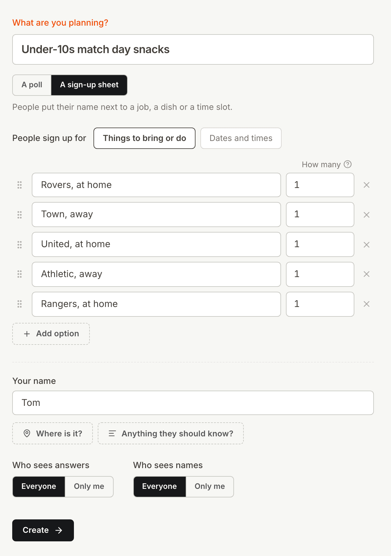 The Kitokoto form for a snack sign up sheet, with one family for each game