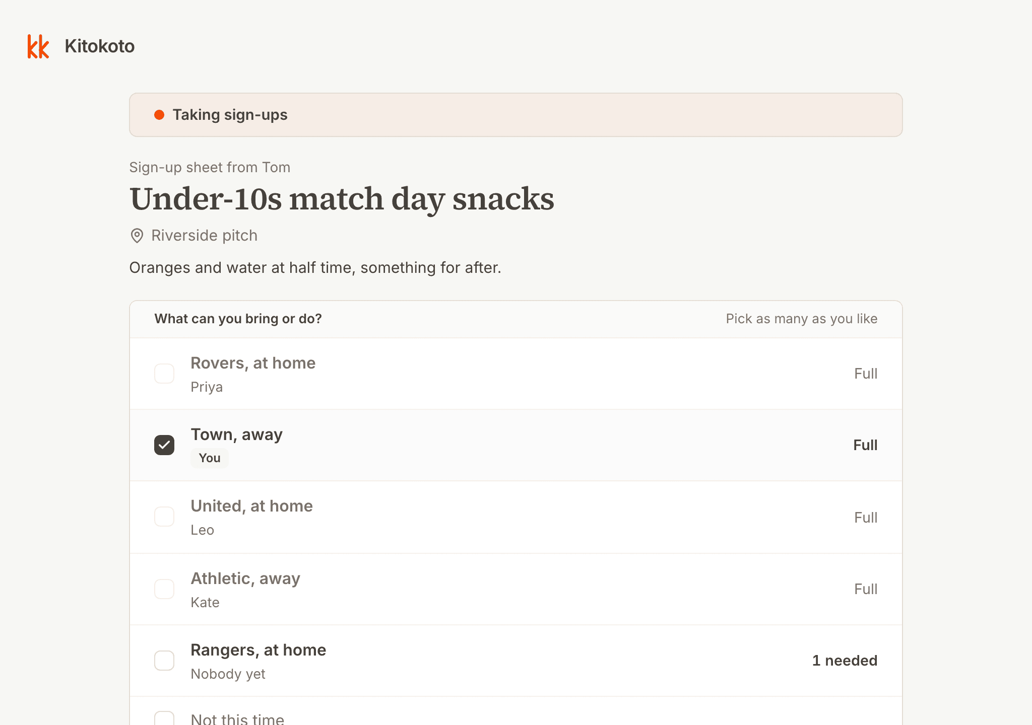 A snack sign up sheet on a computer, with the games already taken