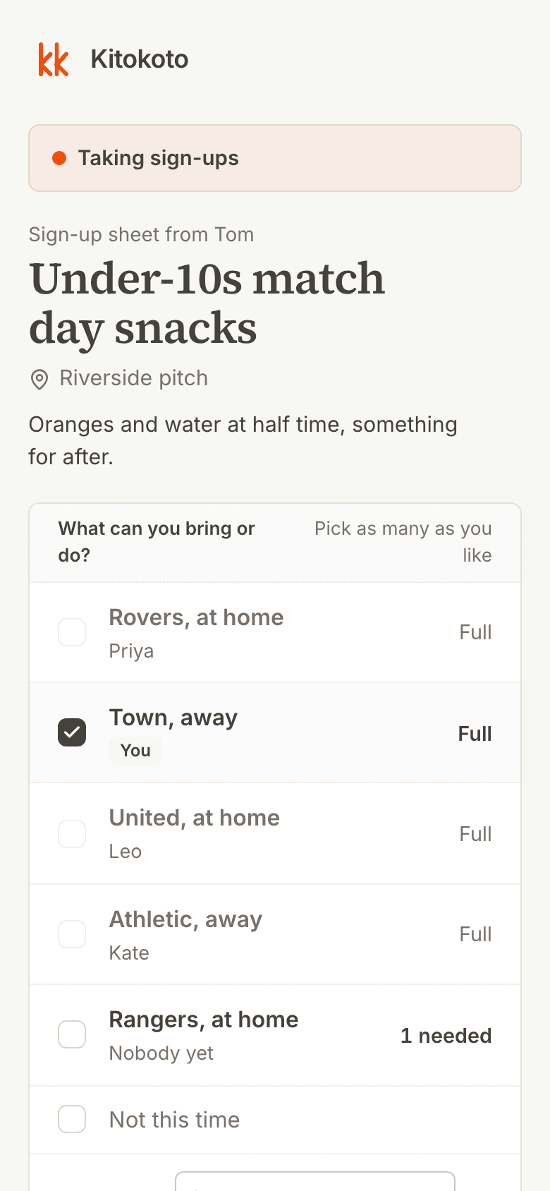 The same snack sign up sheet on a phone