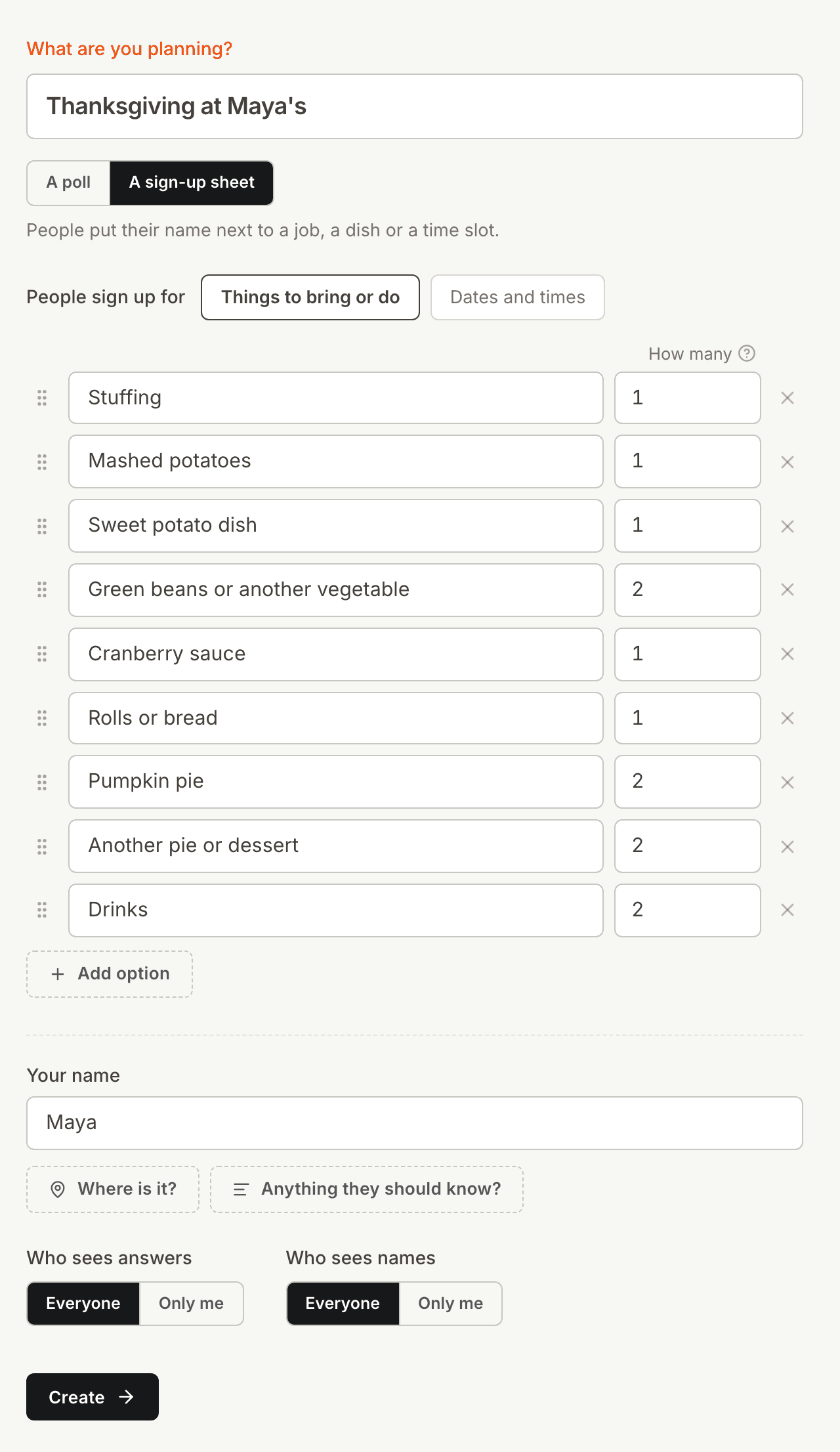 The Kitokoto form for a Thanksgiving potluck sign up sheet, with one of each dish and two pies