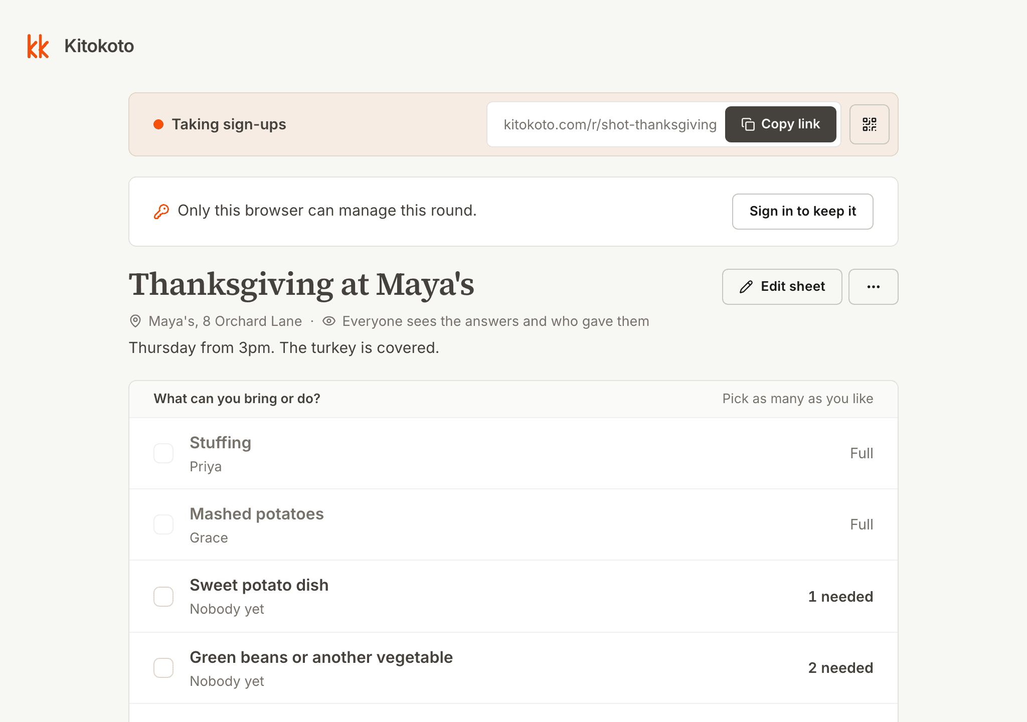 The host's view of a Thanksgiving potluck sign up sheet, with who is bringing each dish