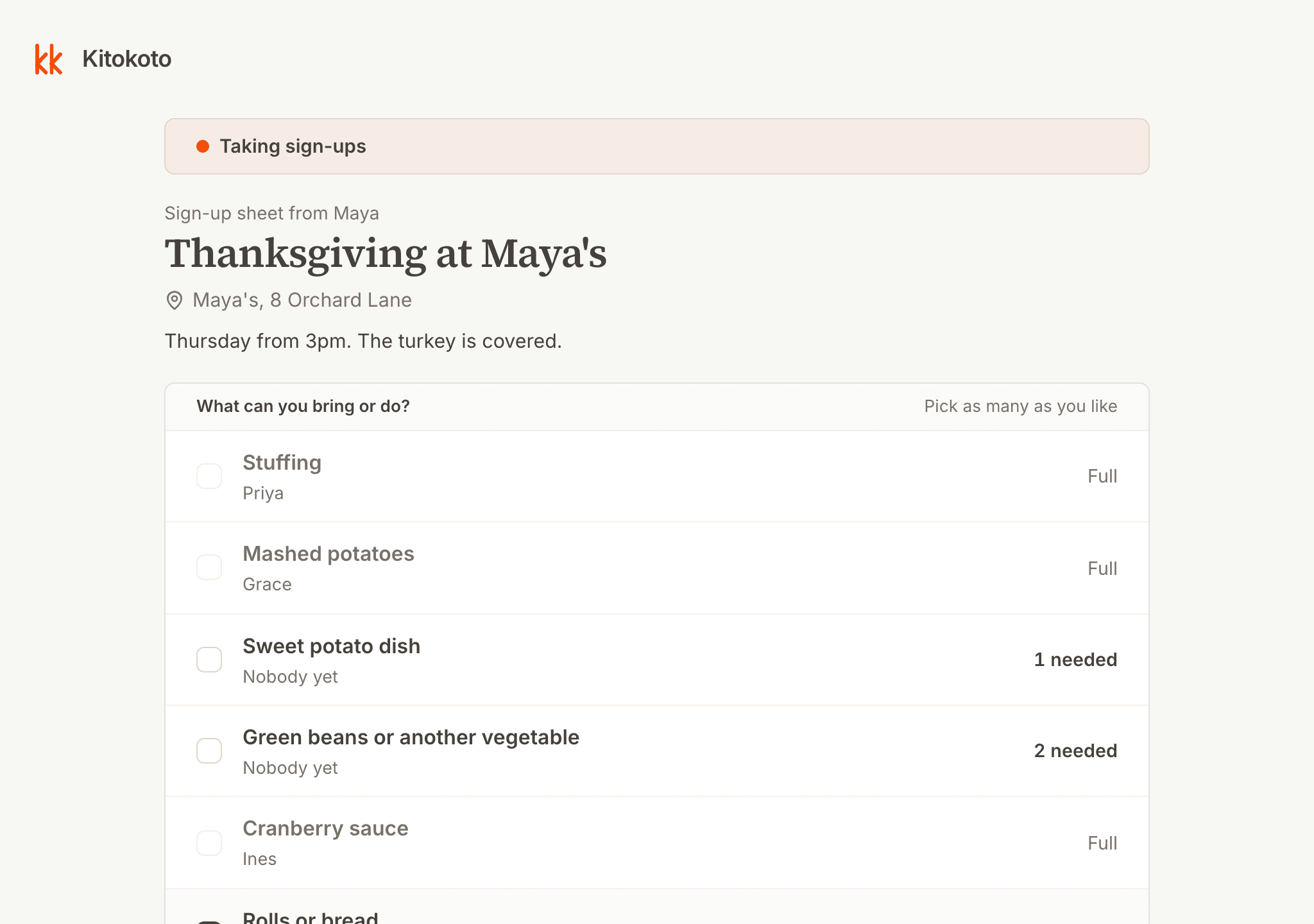 A Thanksgiving potluck sign up sheet on a computer, with the dishes already taken