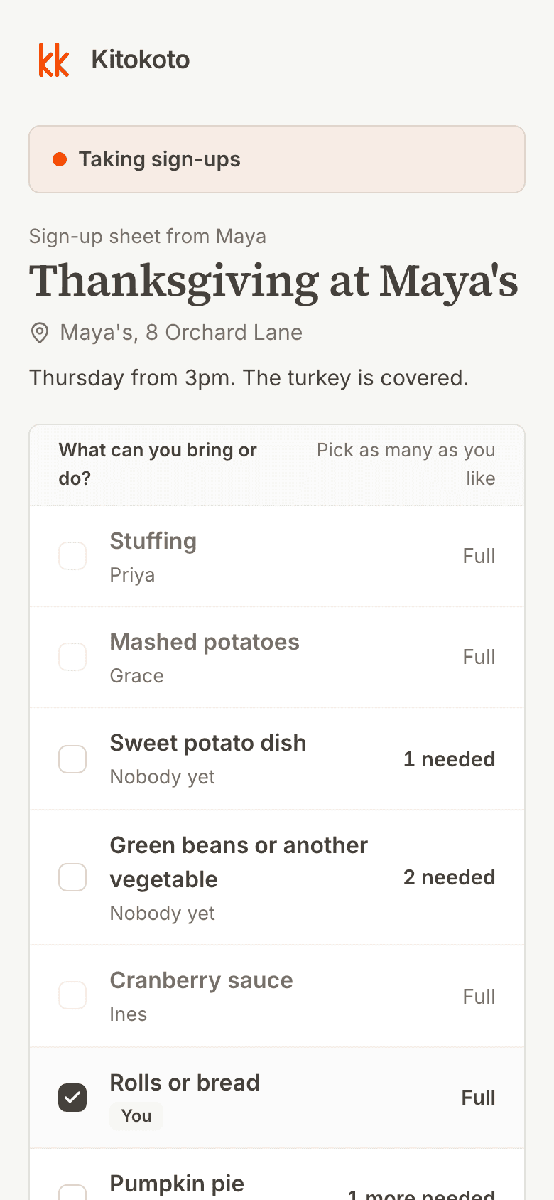 The same Thanksgiving sign up sheet on a phone