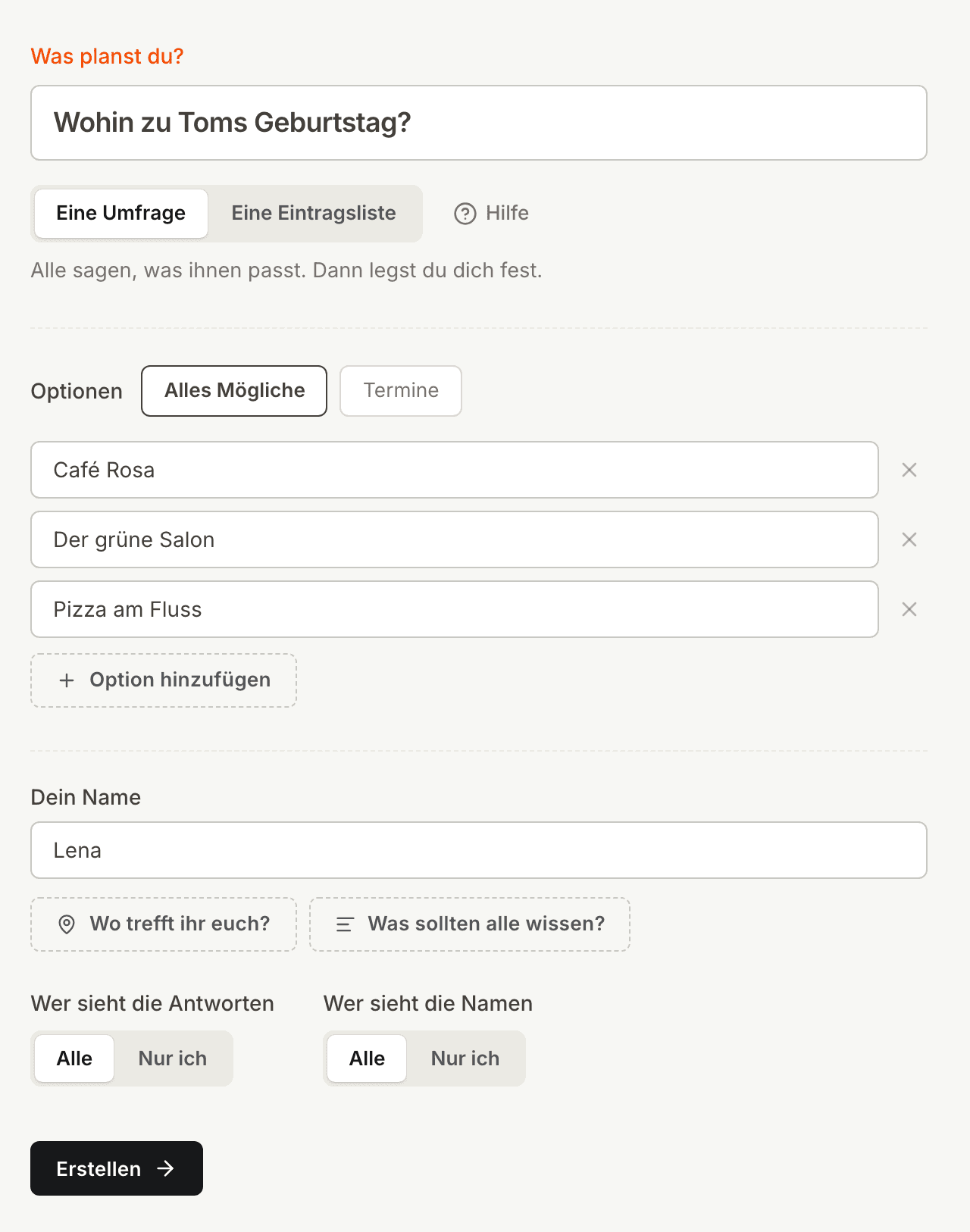 Das Kitokoto-Formular mit drei Orten für ein Geburtstagsessen