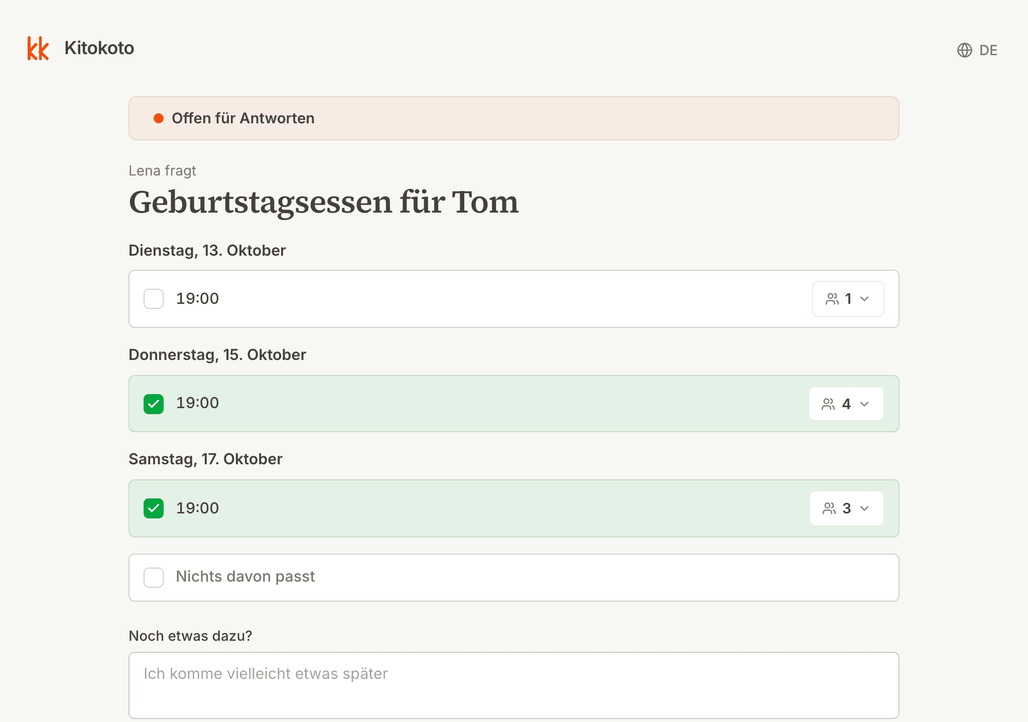 Eine Kitokoto-Umfrage auf dem Computer, mit zwei gewählten Terminen und den Namen daneben