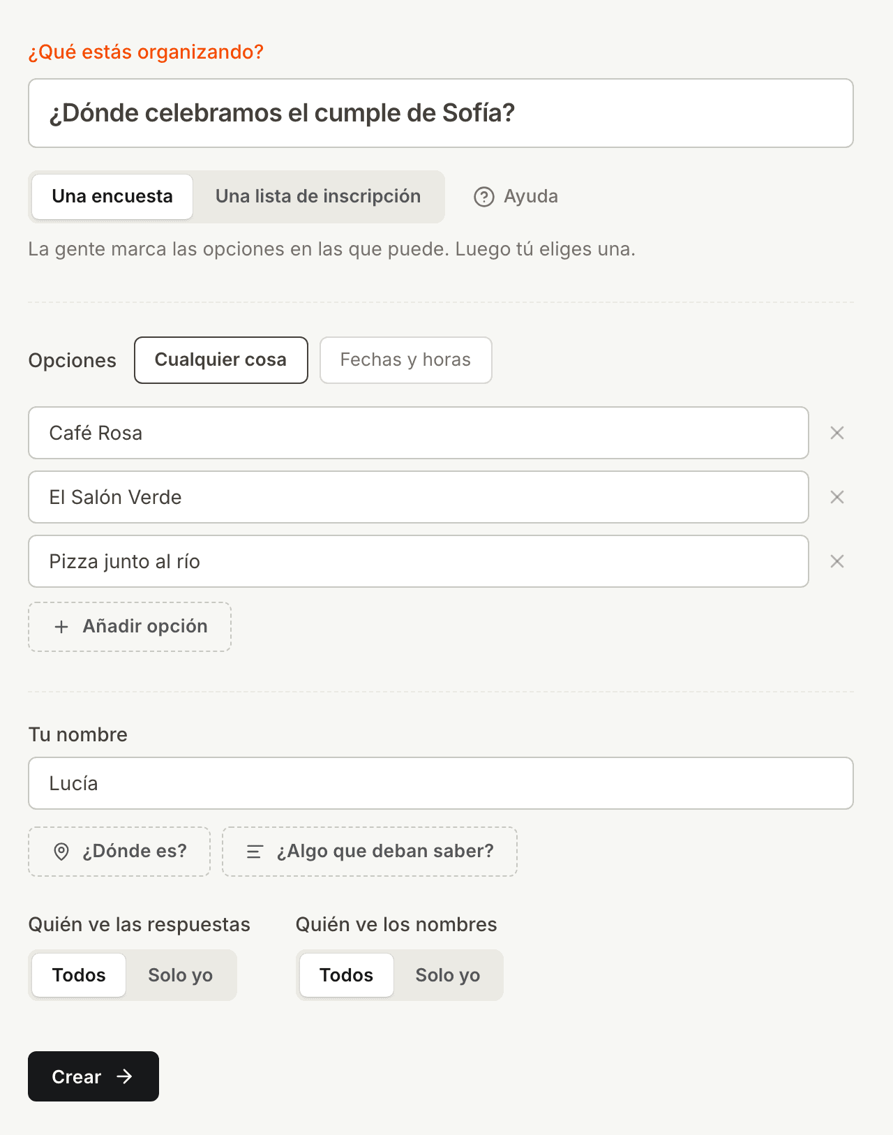El formulario de Kitokoto con tres lugares para una cena de cumpleaños