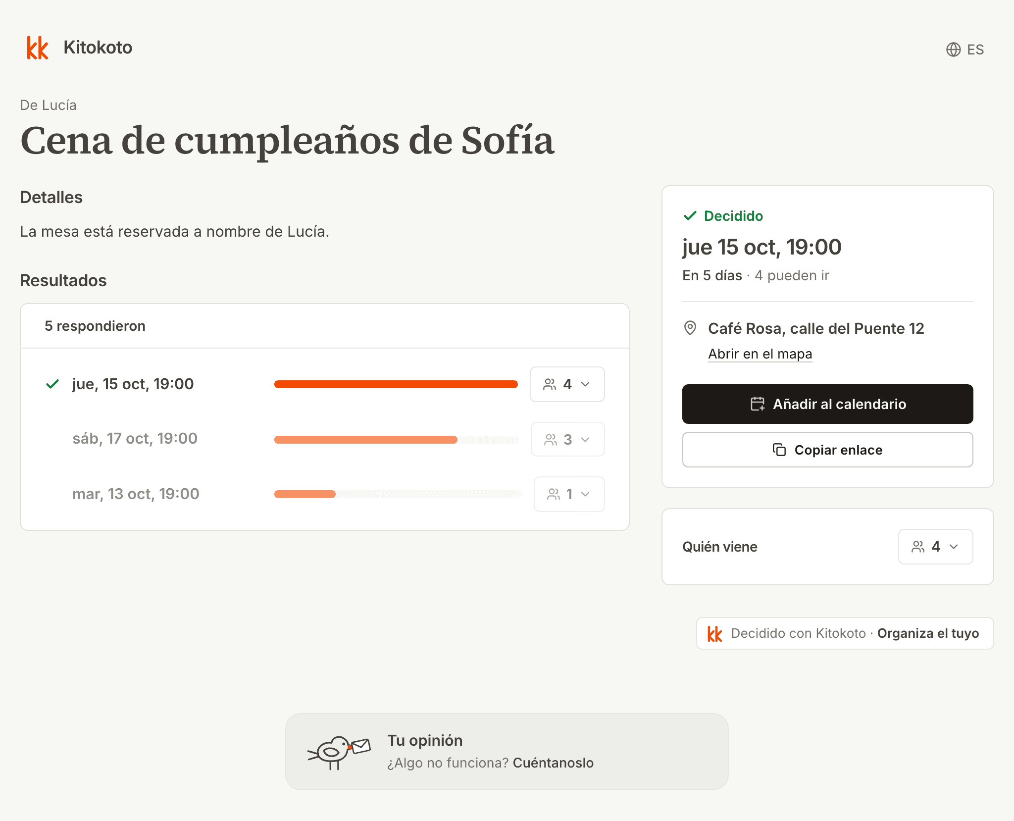 Una página de evento de Kitokoto con la fecha, el lugar y quién va