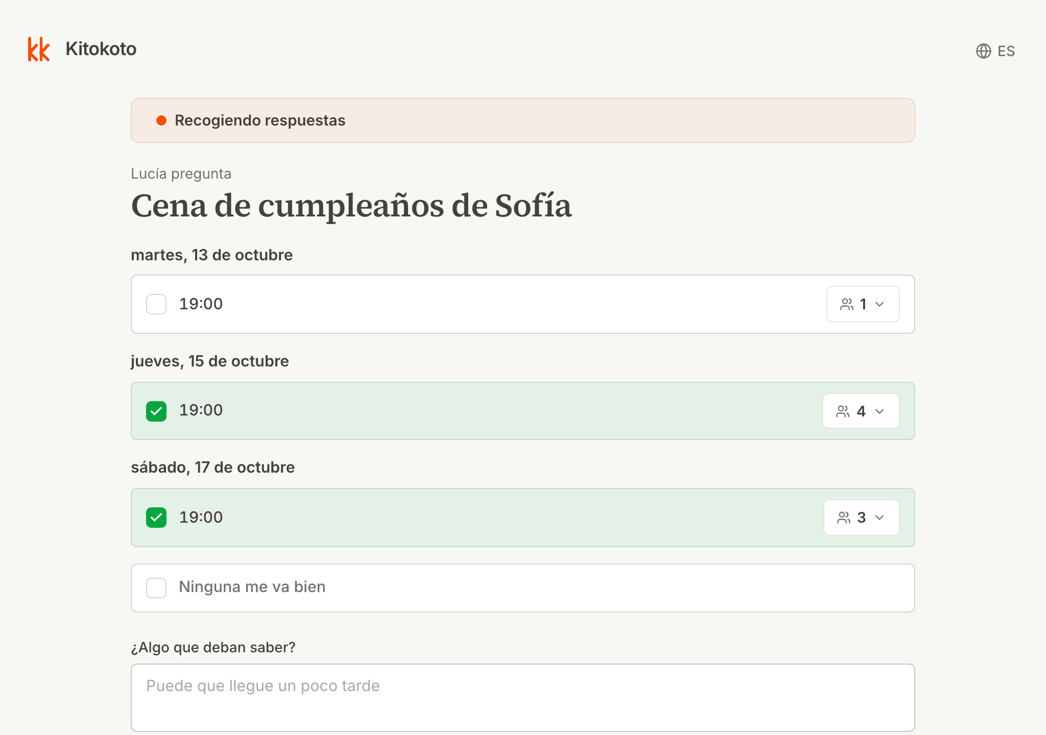 Una encuesta de Kitokoto en una pantalla grande, con dos fechas elegidas y los nombres junto a cada una