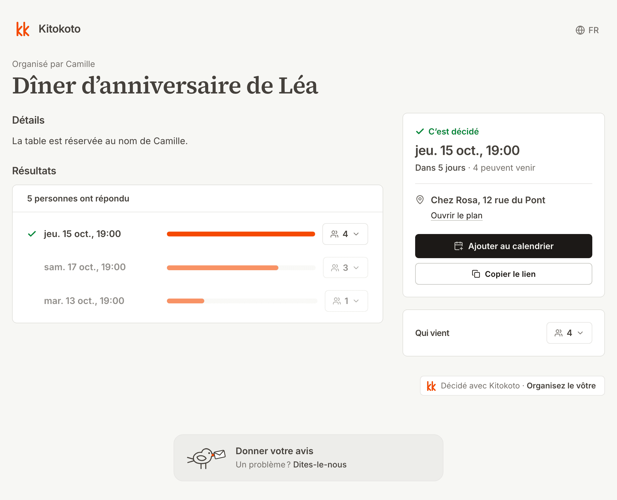 Une page d’événement Kitokoto avec la date, le lieu et les participants