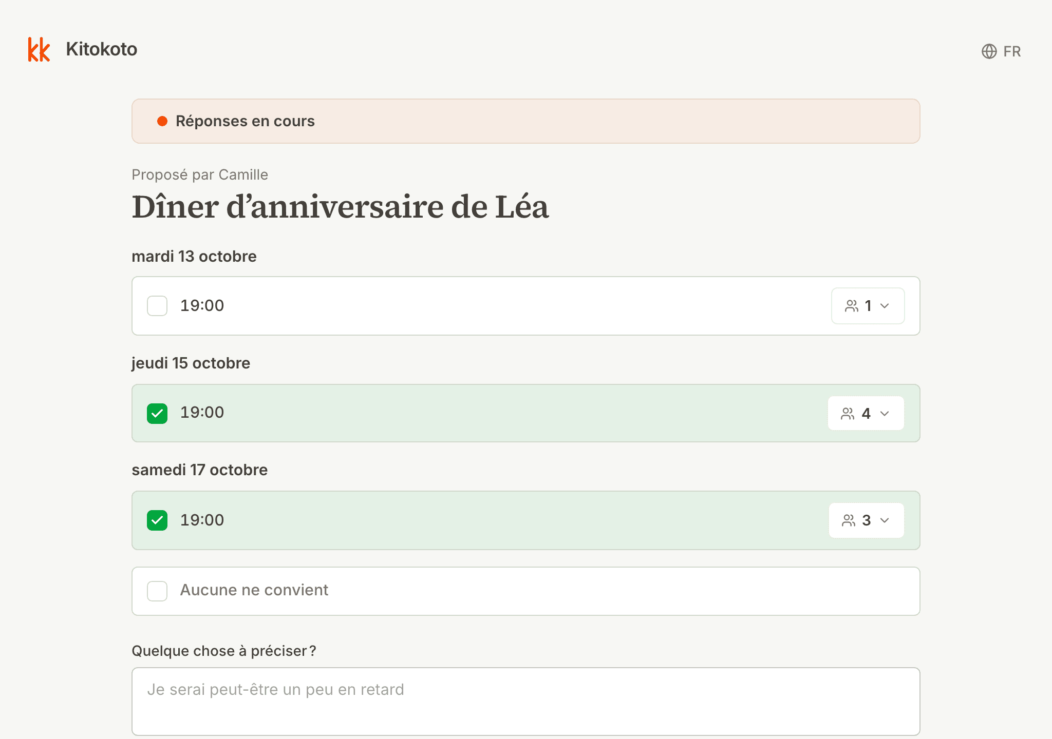 Un sondage Kitokoto sur ordinateur, avec deux dates choisies et les noms à côté de chaque date