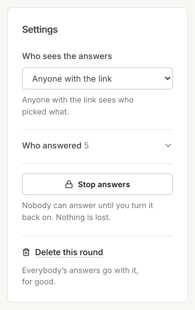 The settings of a Kitokoto poll, with who sees the answers
