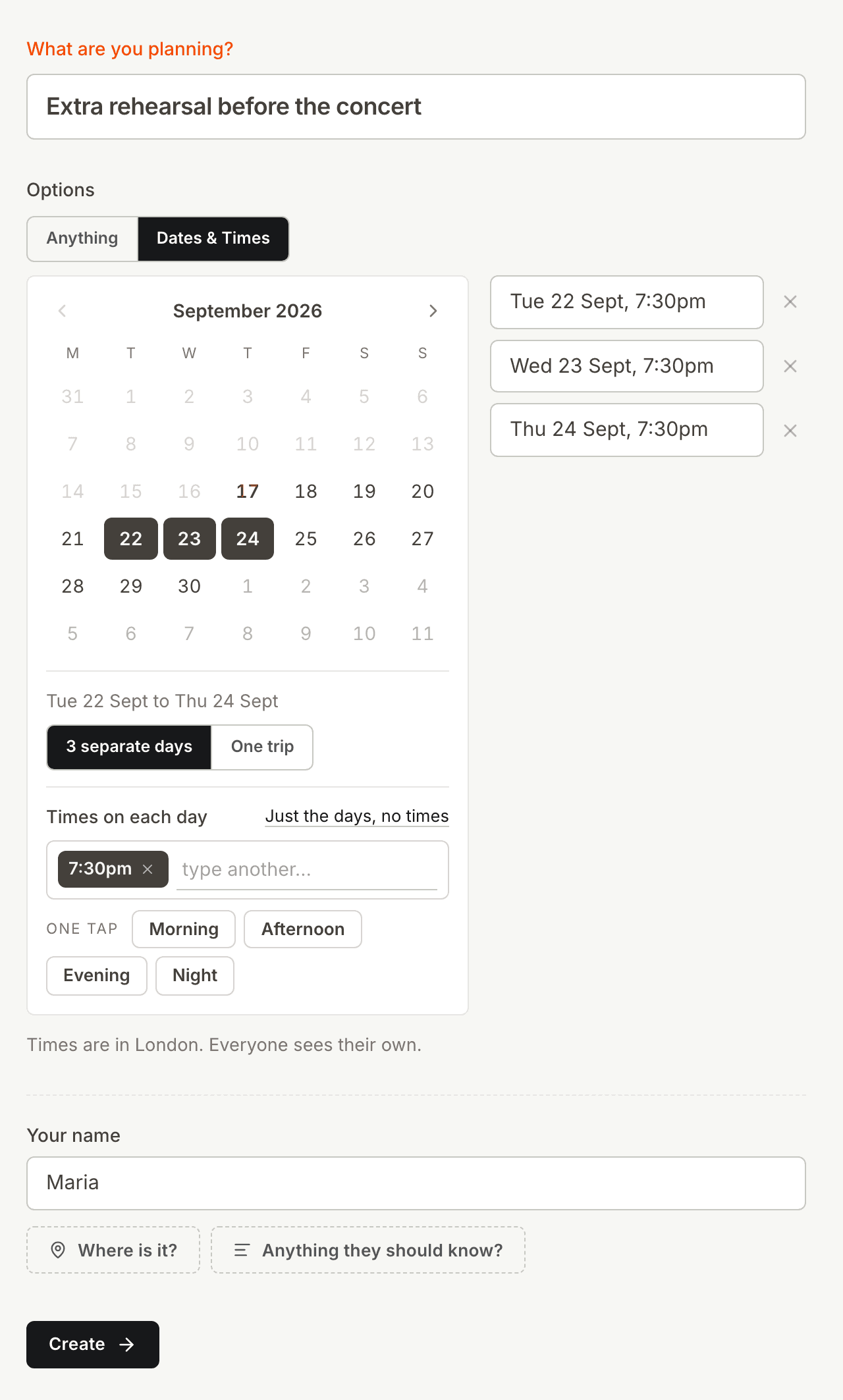 The Kitokoto form with three evenings at 7:30pm for an extra choir rehearsal