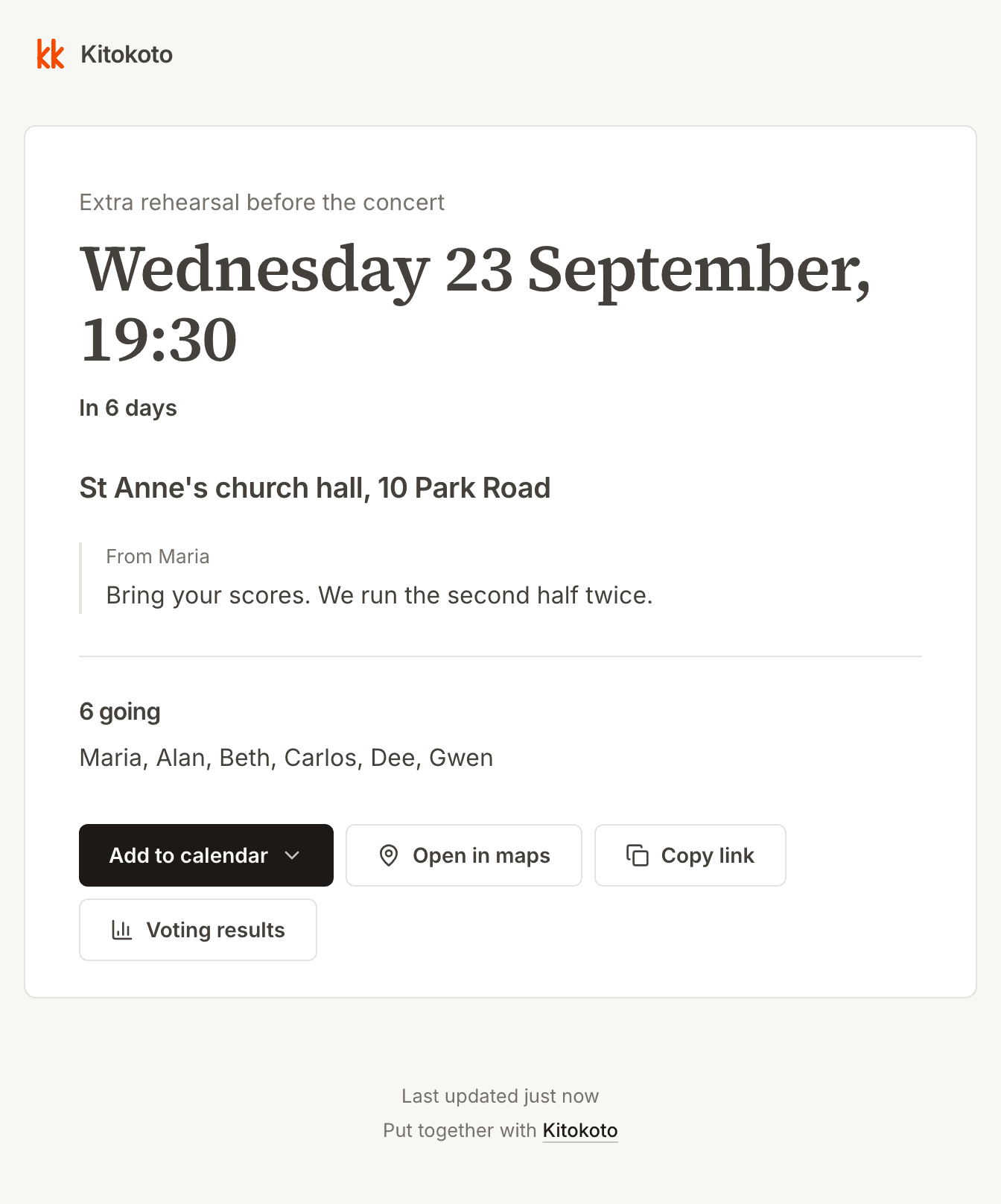 The event page for the extra rehearsal, with the church hall and who is coming