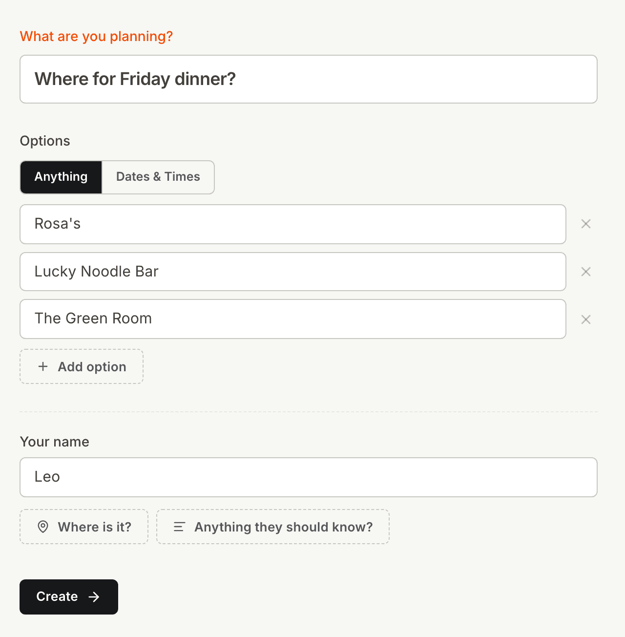 The Kitokoto form with three restaurants for Friday dinner