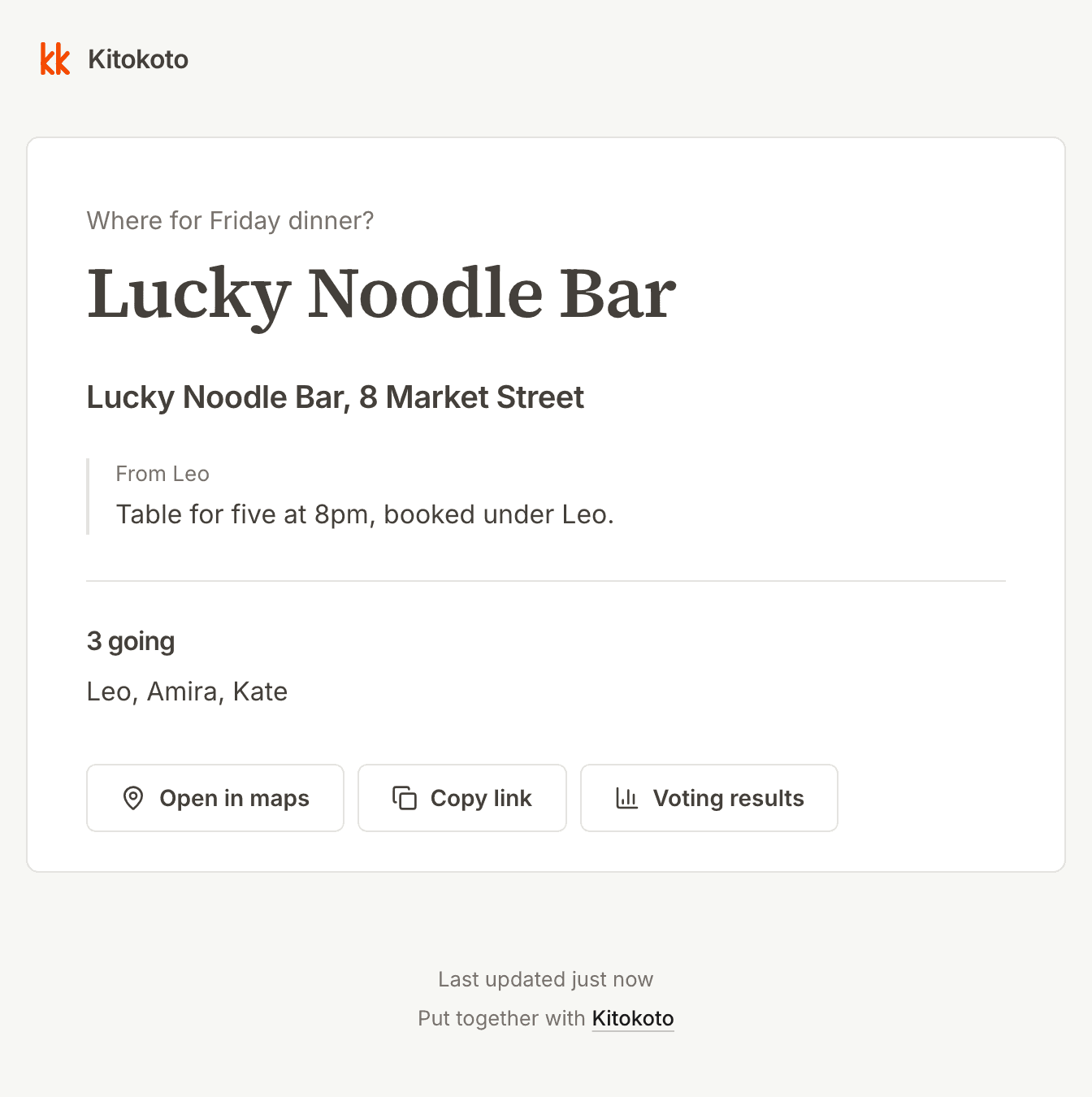 The event page for Friday dinner, with the restaurant, the booking and who is coming