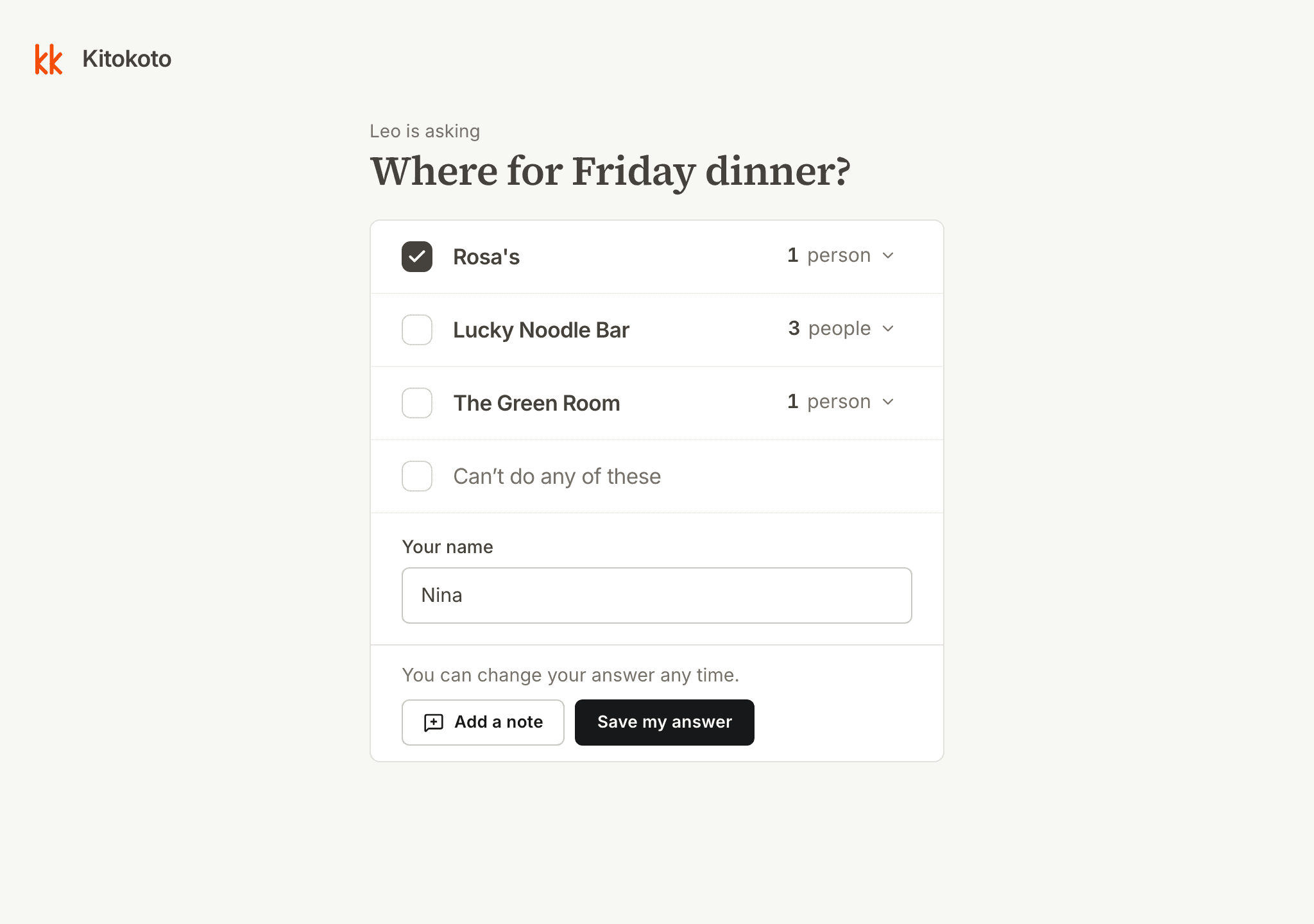 A restaurant poll on a computer, with a vote for Rosa's
