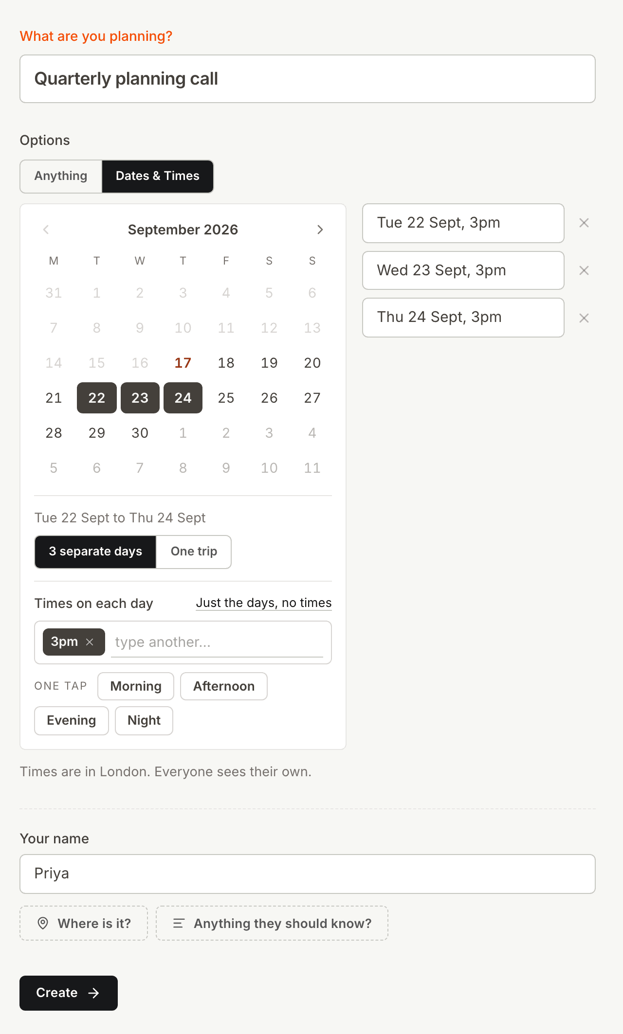 The Kitokoto form with three afternoons at 3pm for a planning call