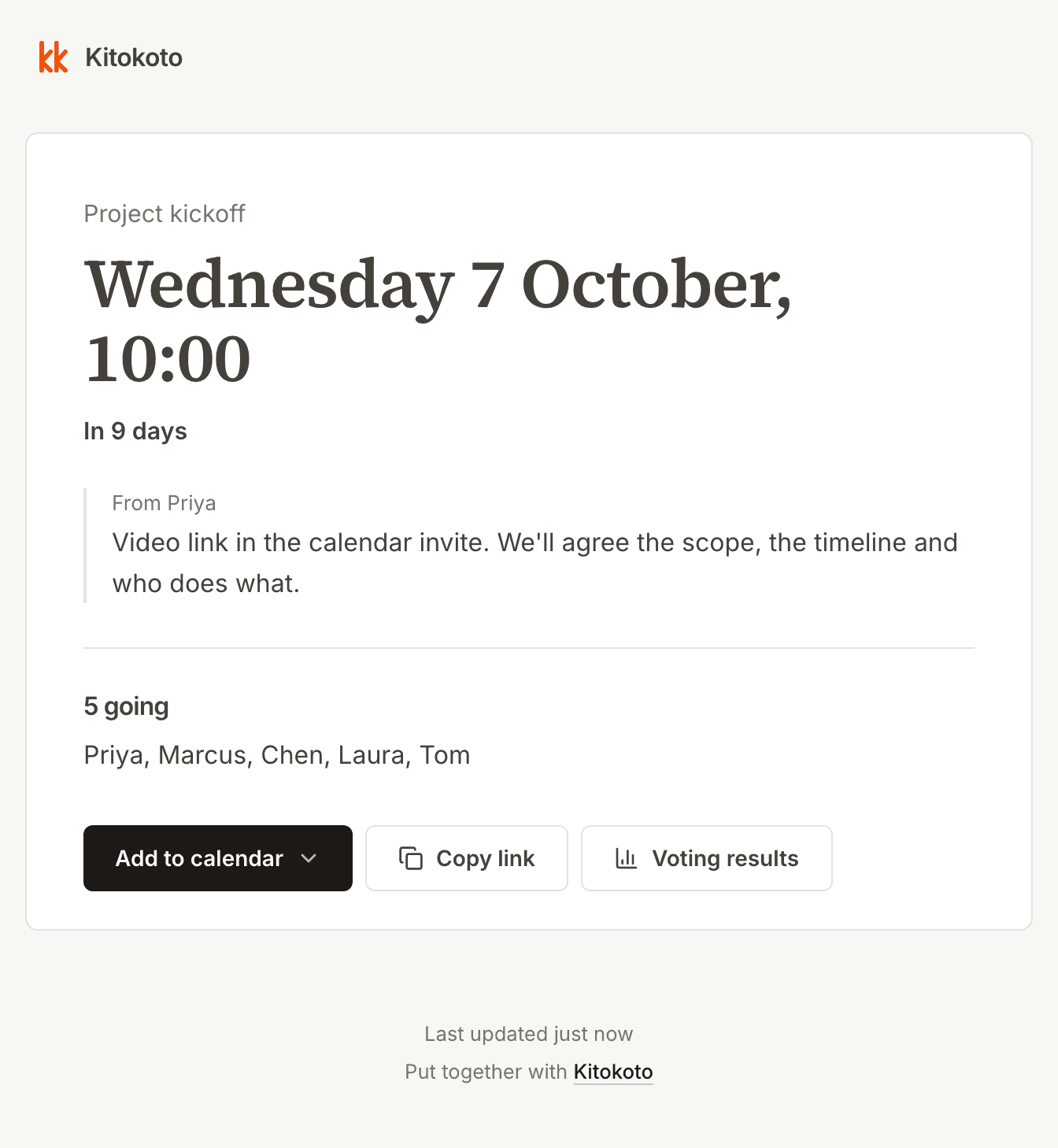 The event page for the project kickoff, with the time, a note and who is coming