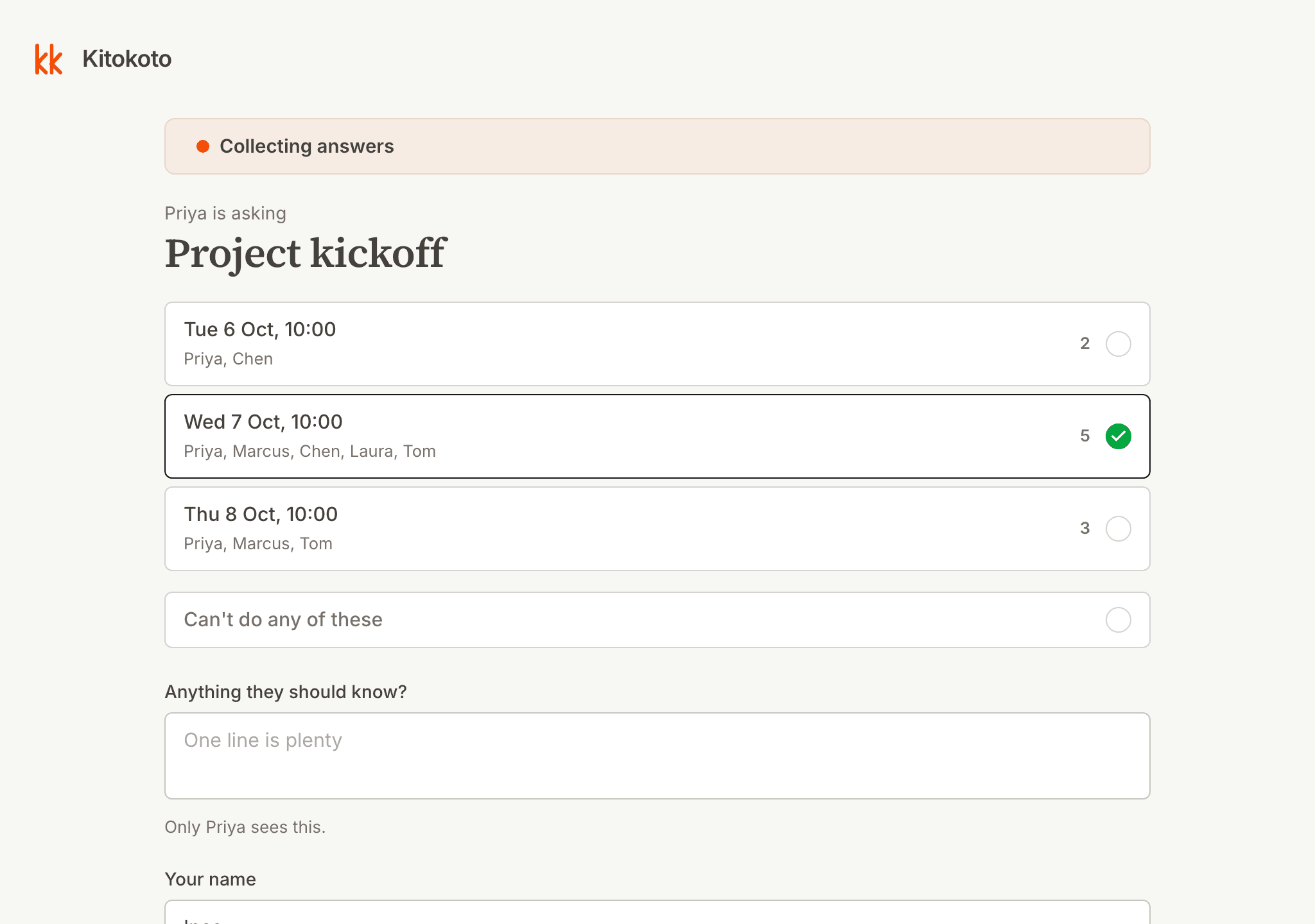 A meeting poll for a project kickoff, with three mornings to choose from